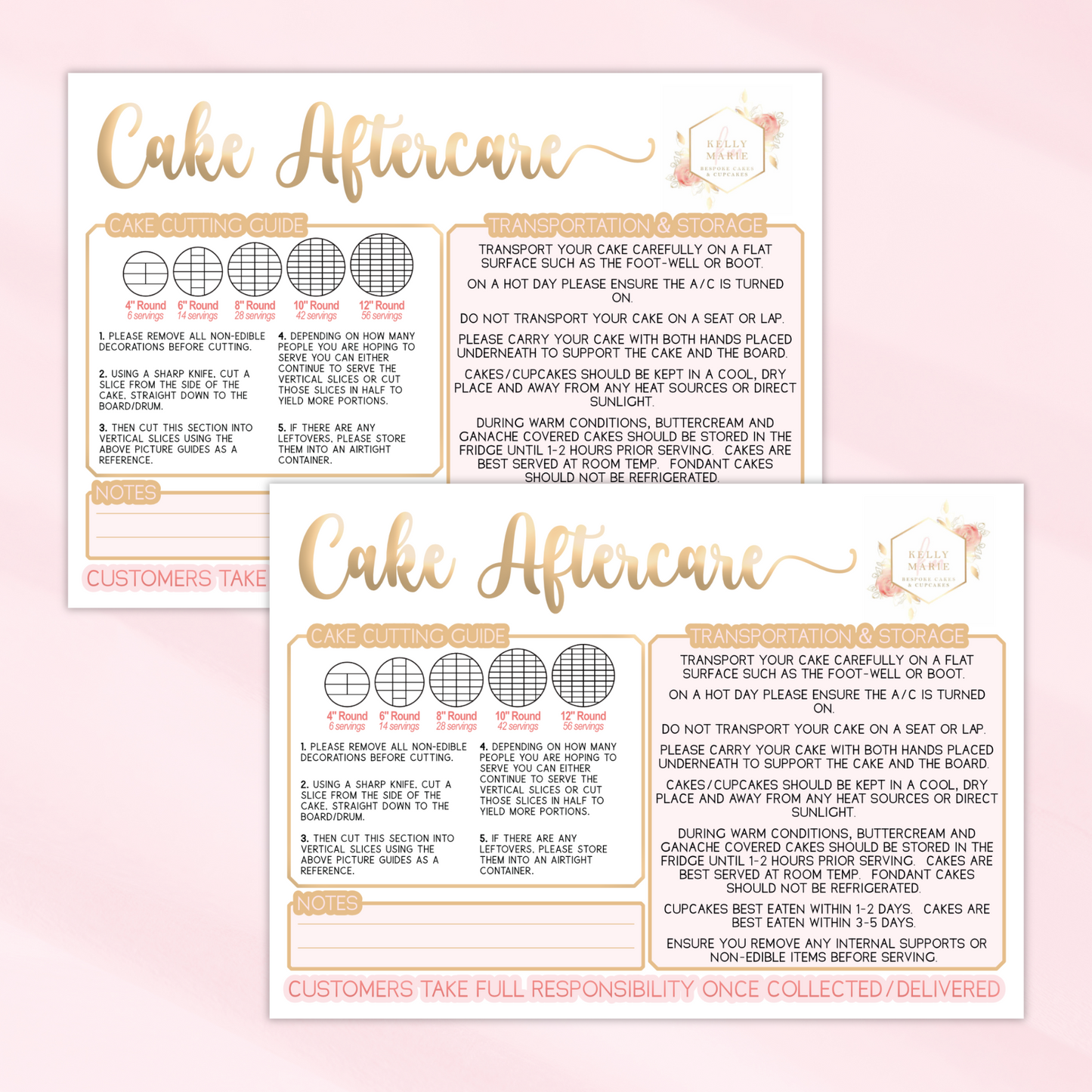 Matt Cake Aftercare Cards - Added Cake Cutting Design